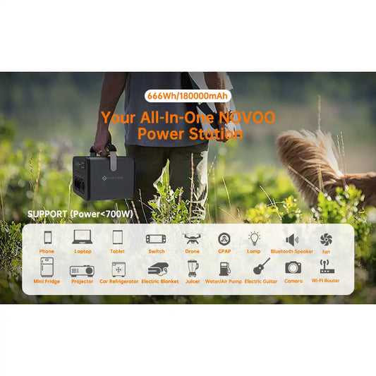 NOVOO Portable 700W AC Power Station | 666Wh/180000mAh Capacity | Dual AC Outlets | 100W PD Type-C