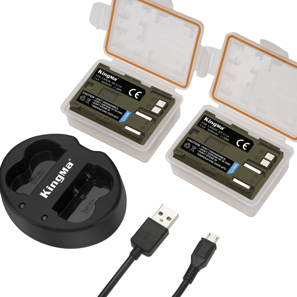 KingMa BP-511 & BP-511A Replacement Battery and Charger Set | Canon | Dual Slot | LED