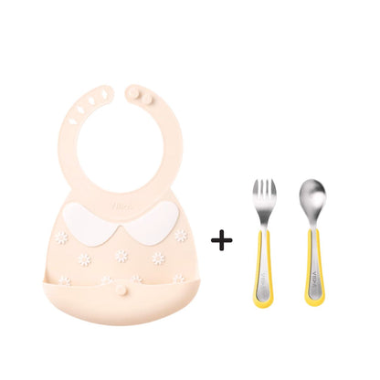 Toddler Mealtime Starter / Travel Feeding Set - Joy Silicone Baby Bibs + Small Spoon & Fork