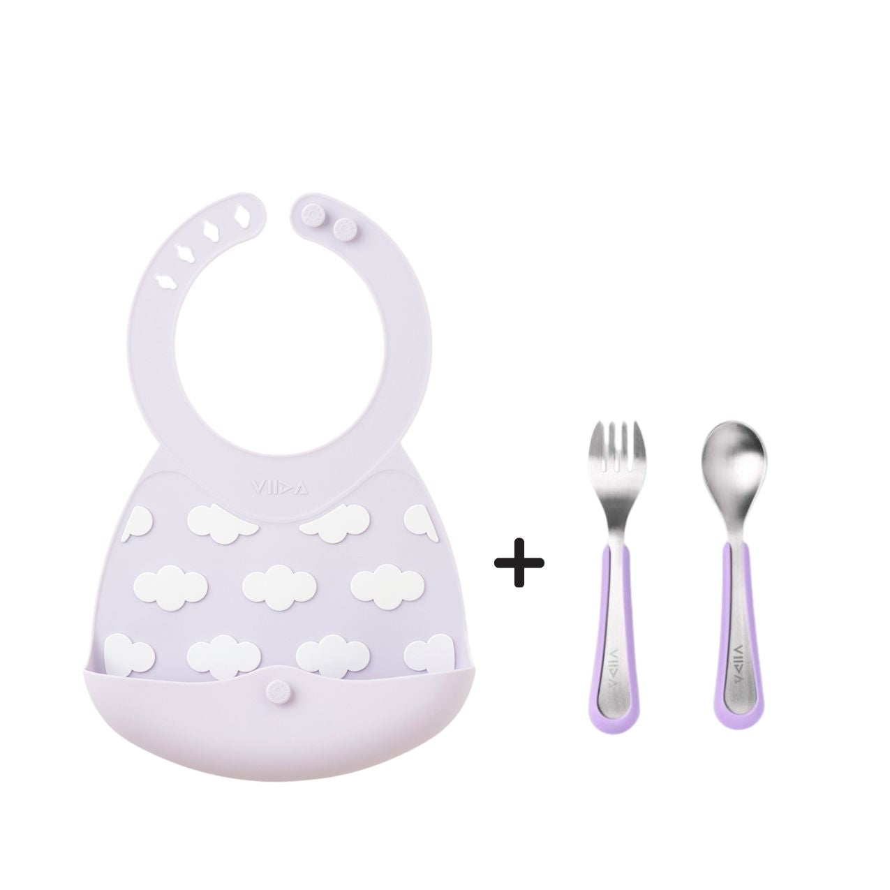 Toddler Mealtime Starter / Travel Feeding Set - Joy Silicone Baby Bibs + Small Spoon & Fork