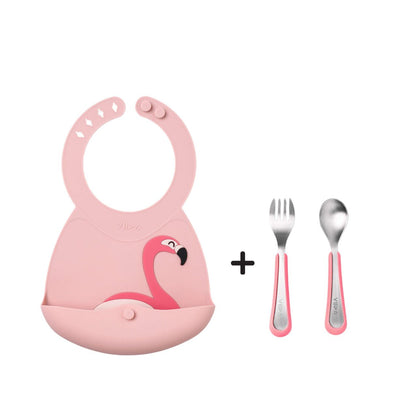 Toddler Mealtime Starter / Travel Feeding Set - Joy Silicone Baby Bibs + Small Spoon & Fork
