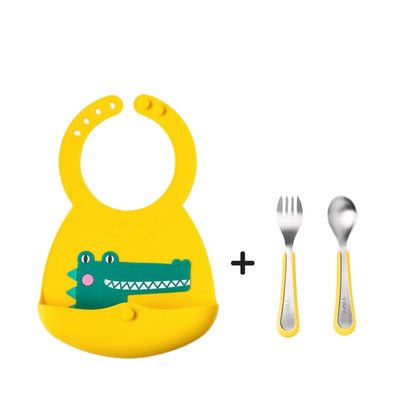 Toddler Mealtime Starter / Travel Feeding Set - Joy Silicone Baby Bibs + Small Spoon & Fork