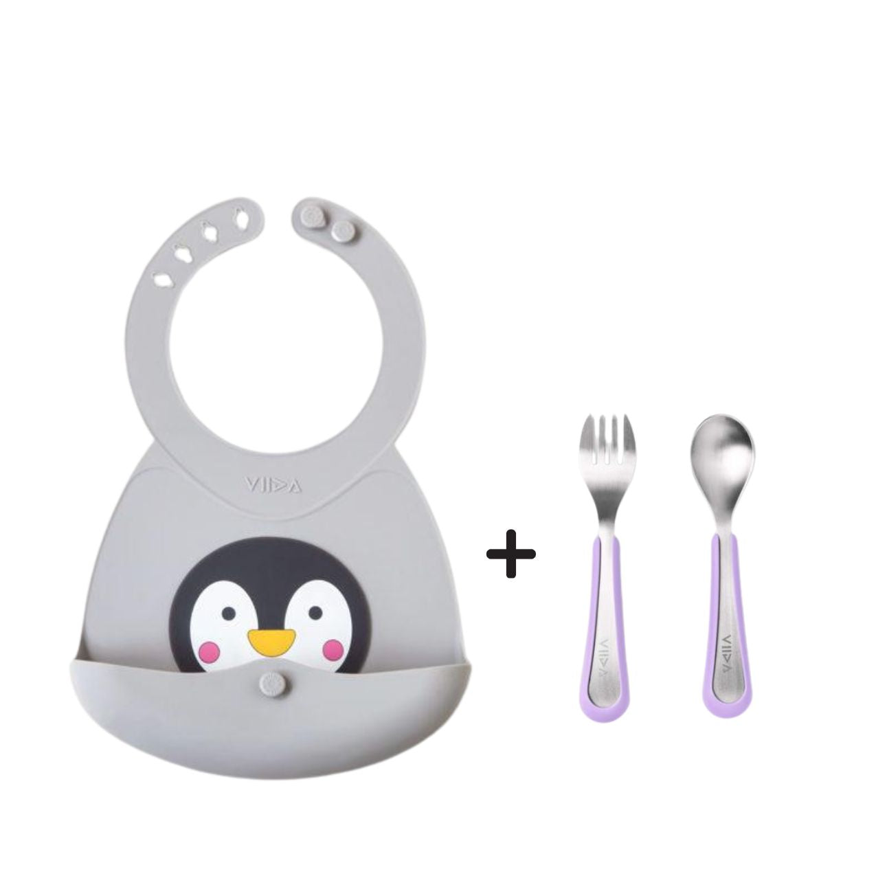 Toddler Mealtime Starter / Travel Feeding Set - Joy Silicone Baby Bibs + Small Spoon & Fork