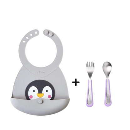 Toddler Mealtime Starter / Travel Feeding Set - Joy Silicone Baby Bibs + Small Spoon & Fork