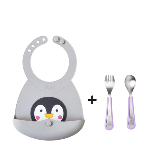 Toddler Mealtime Starter / Travel Feeding Set - Joy Silicone Baby Bibs + Small Spoon & Fork