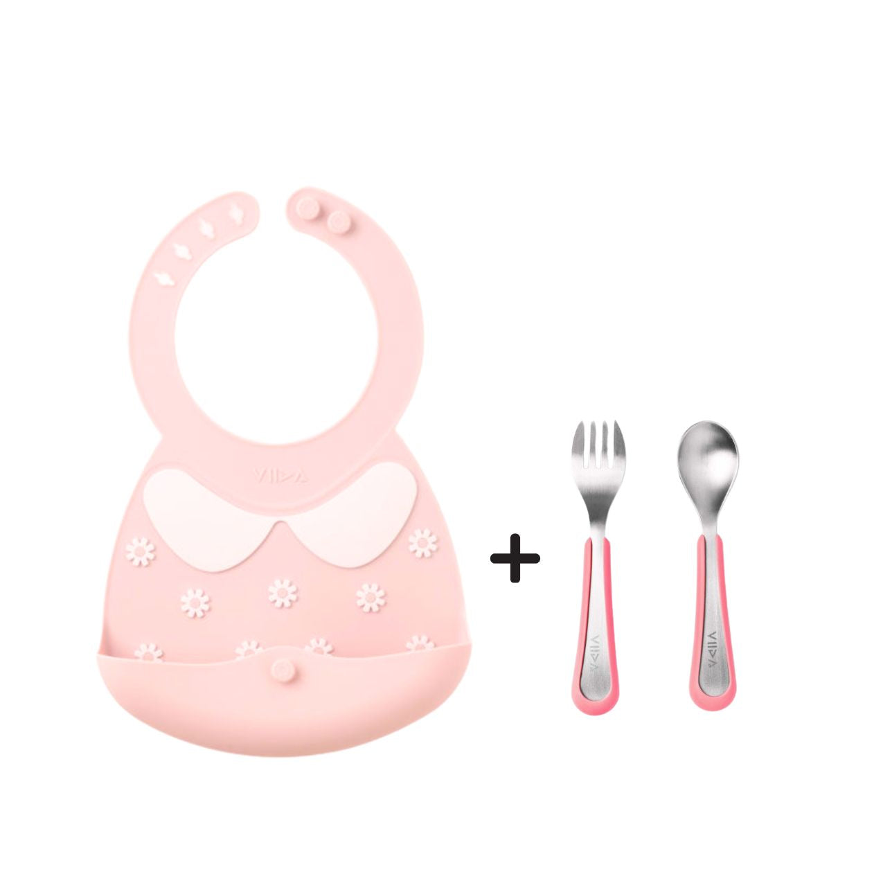Toddler Mealtime Starter / Travel Feeding Set - Joy Silicone Baby Bibs + Small Spoon & Fork