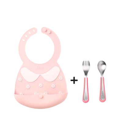 Toddler Mealtime Starter / Travel Feeding Set - Joy Silicone Baby Bibs + Small Spoon & Fork