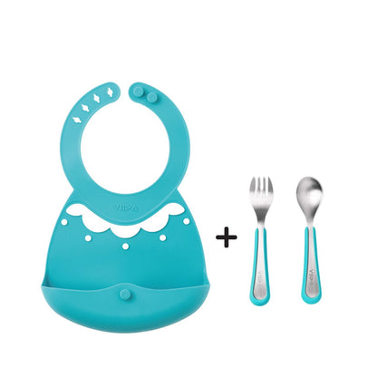 Toddler Mealtime Starter / Travel Feeding Set - Joy Silicone Baby Bibs + Small Spoon & Fork