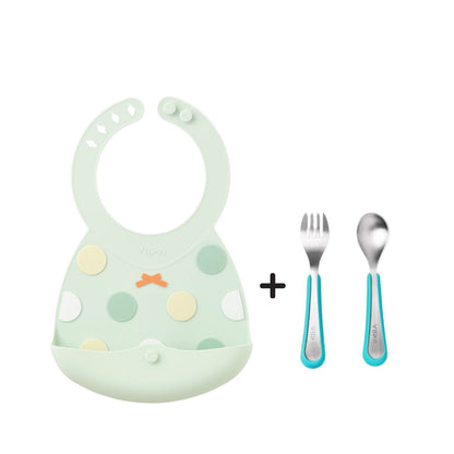 Toddler Mealtime Starter / Travel Feeding Set - Joy Silicone Baby Bibs + Small Spoon & Fork