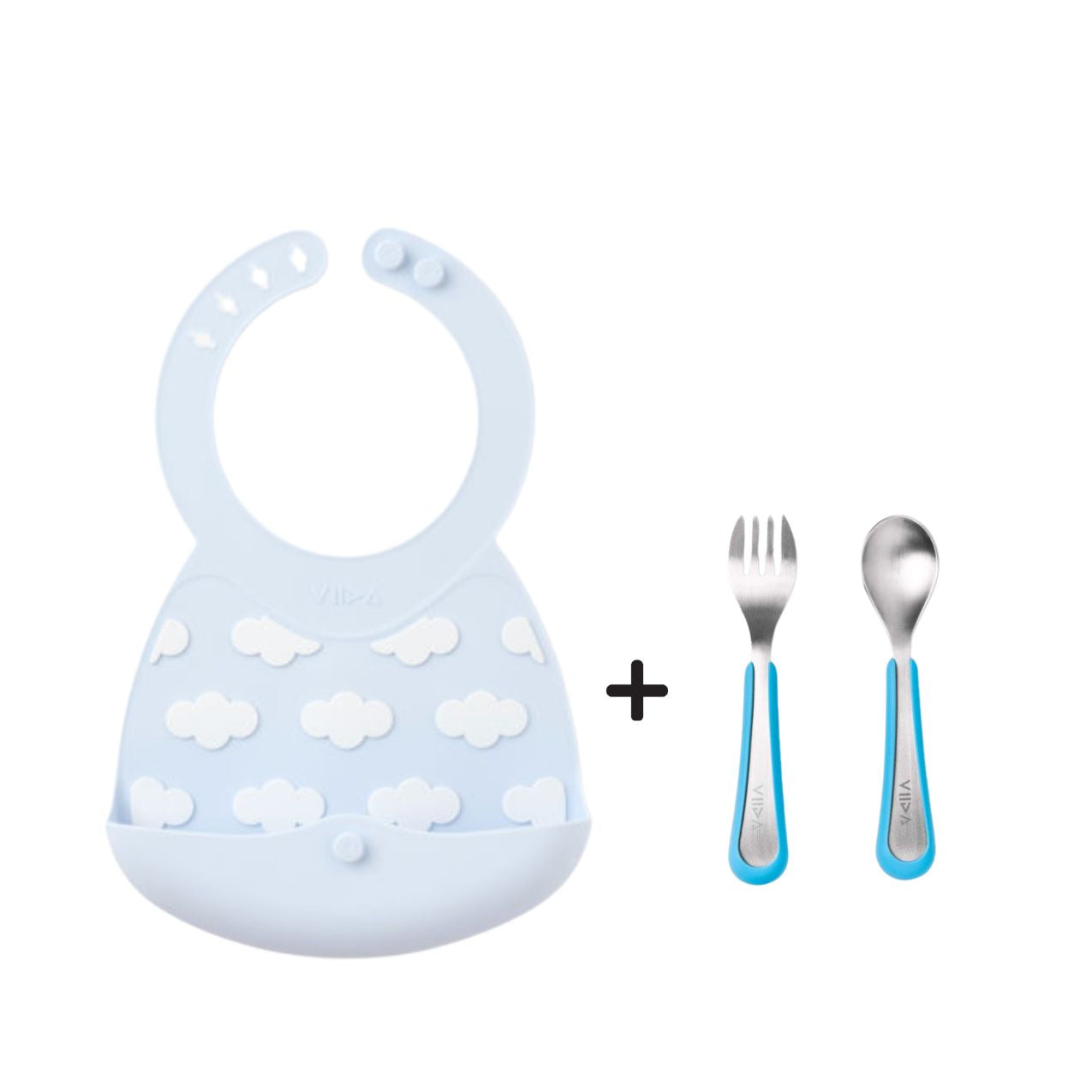 Toddler Mealtime Starter / Travel Feeding Set - Joy Silicone Baby Bibs + Small Spoon & Fork