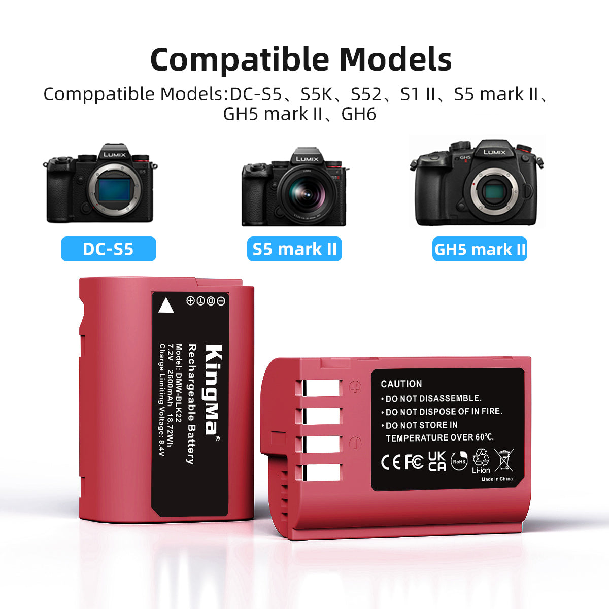 DMW-BLK22 Camera Replacement Battery 2600mAh for Panasonic DC-S5, GH5 and more