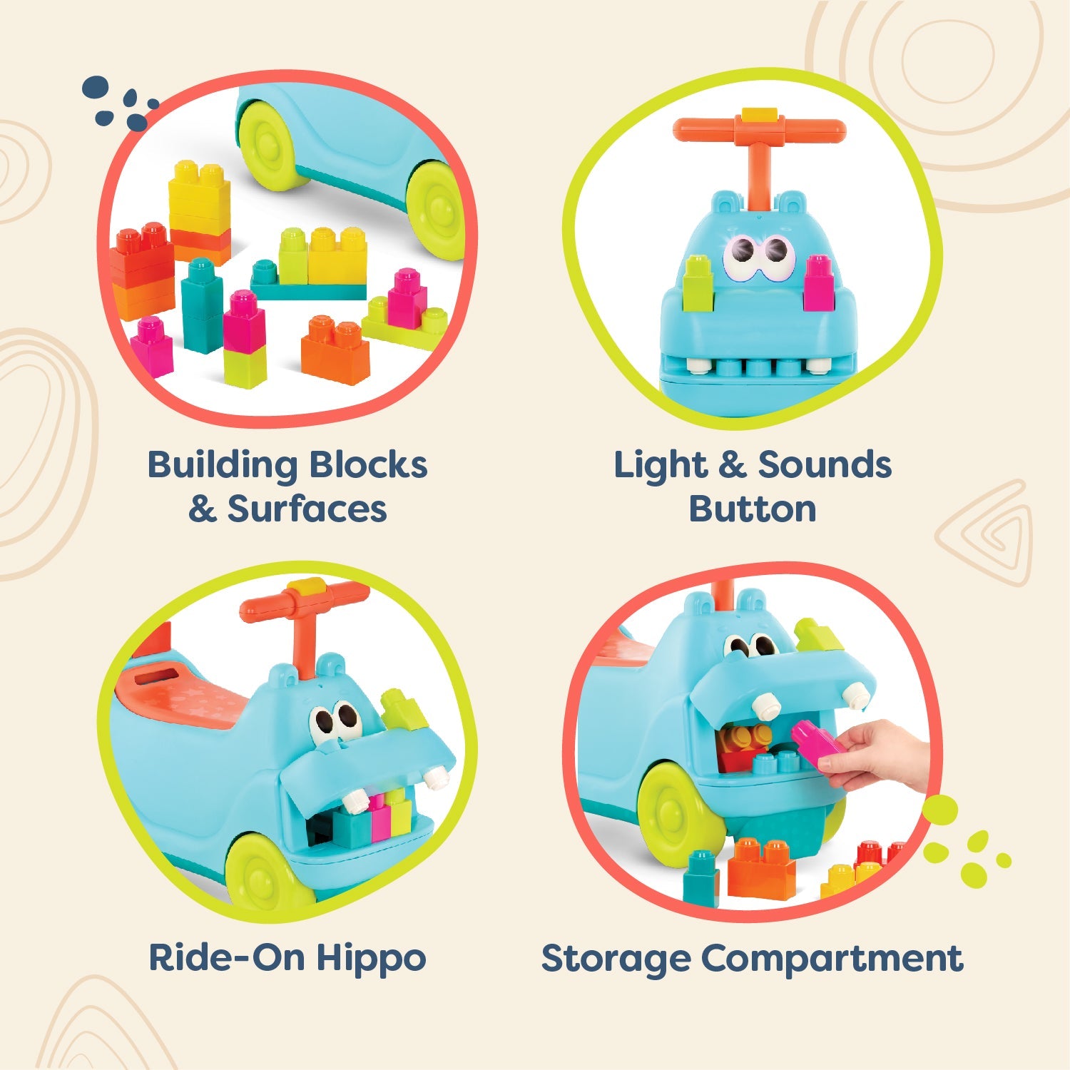 Locbloc Hippo Ride-On with Building Blocks