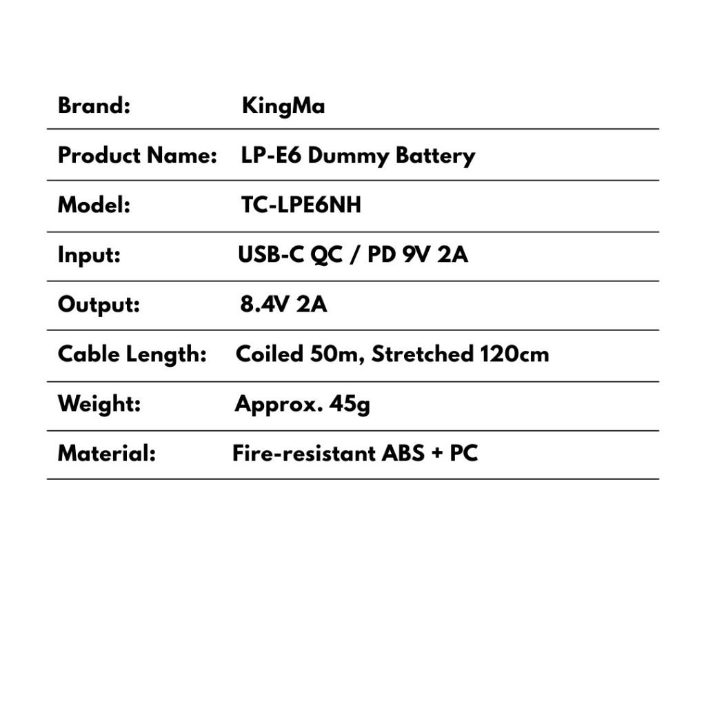LP-E6P / LP-E6NH USB Type-C Dummy Battery for Canon Cameras