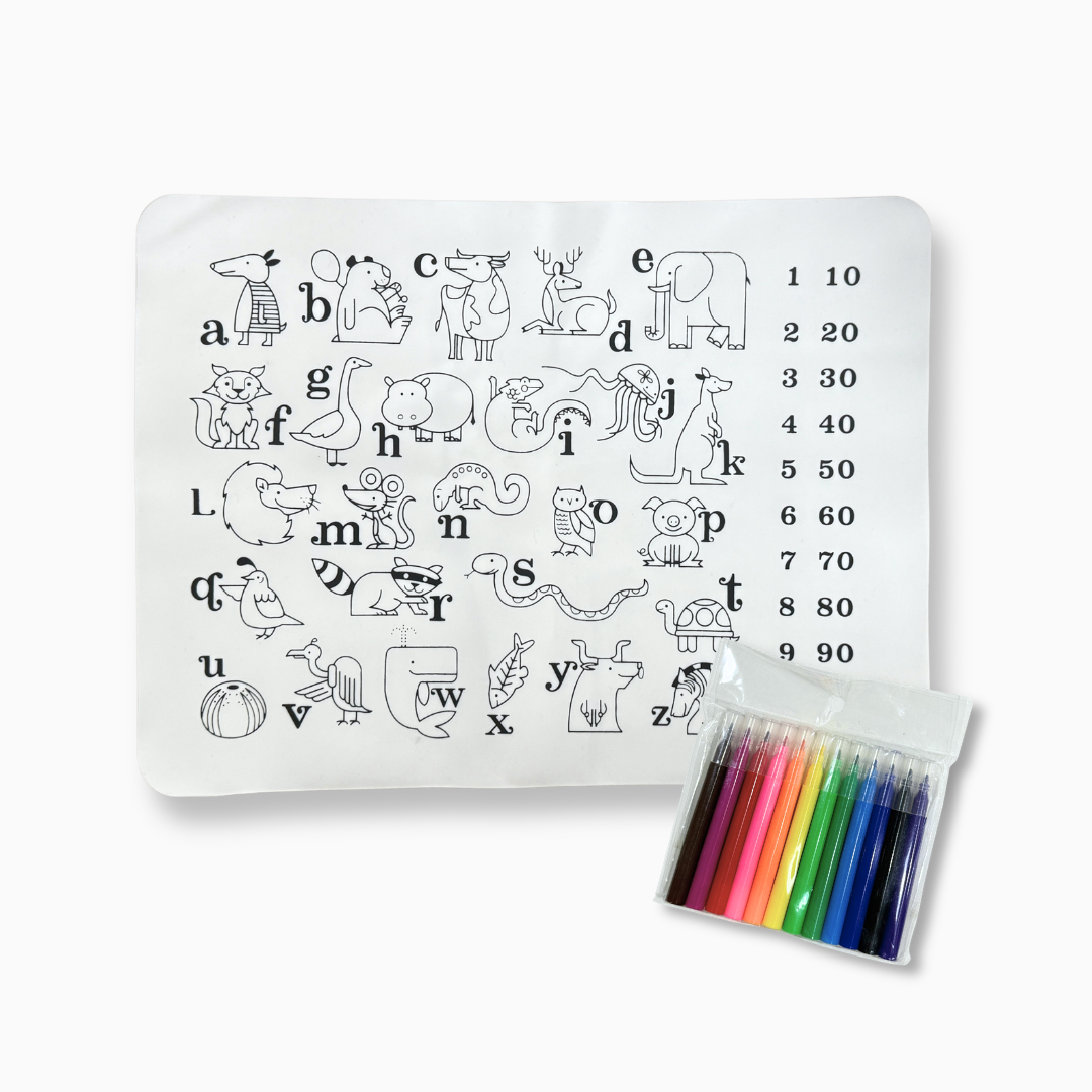 A-Z Animal Washable Silicone Colouring Mat + 12pcs Marker Set