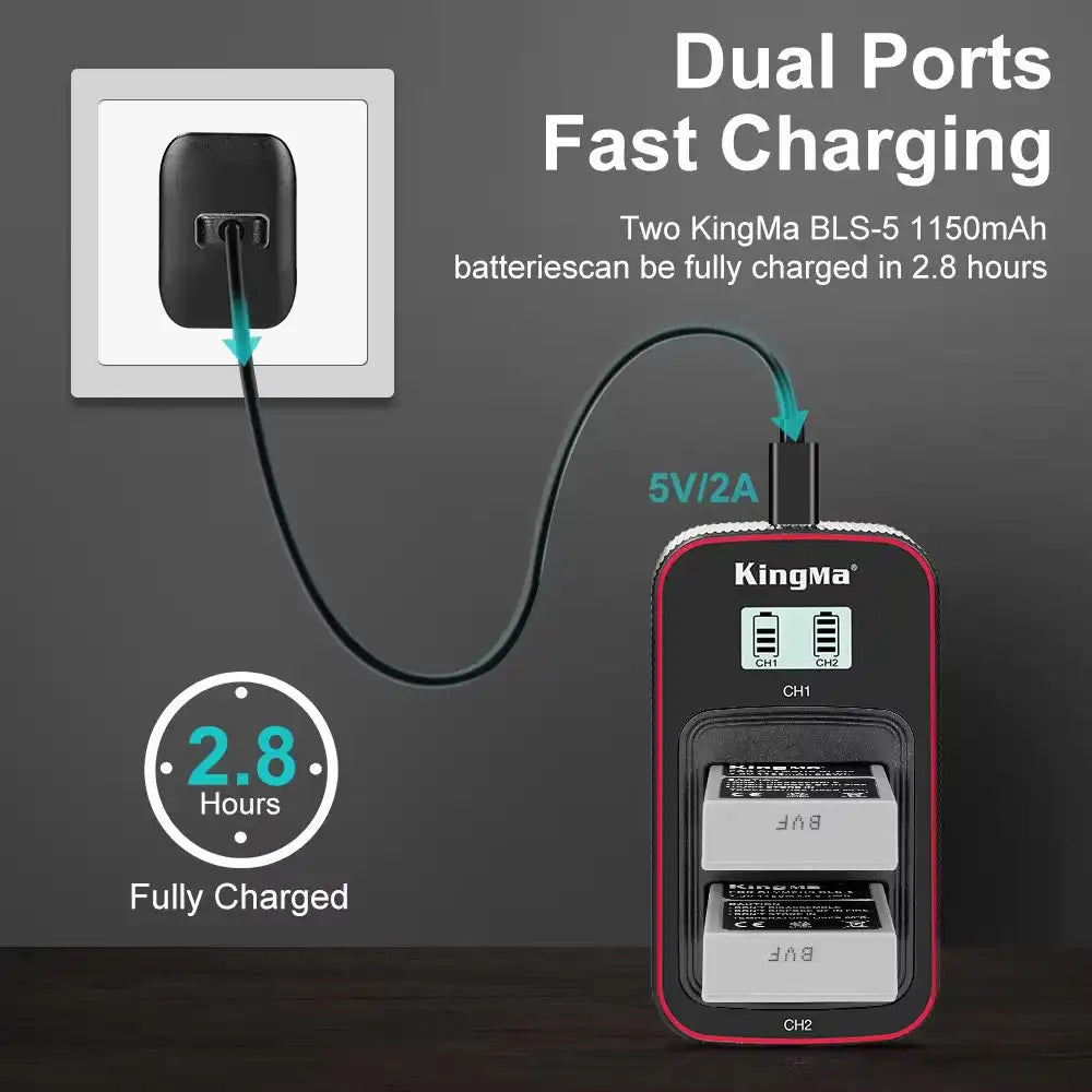 KingMa BLS-5 Set | Olympus | 1150mAh Battery | Dual Charger | LCD - 4