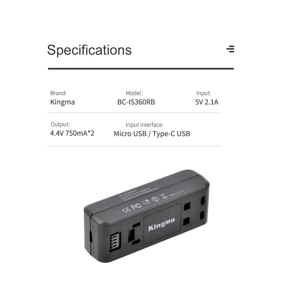 KingMa Insta360 ONE R / RS Replacement Battery and Dual Slot Charger Set - 7
