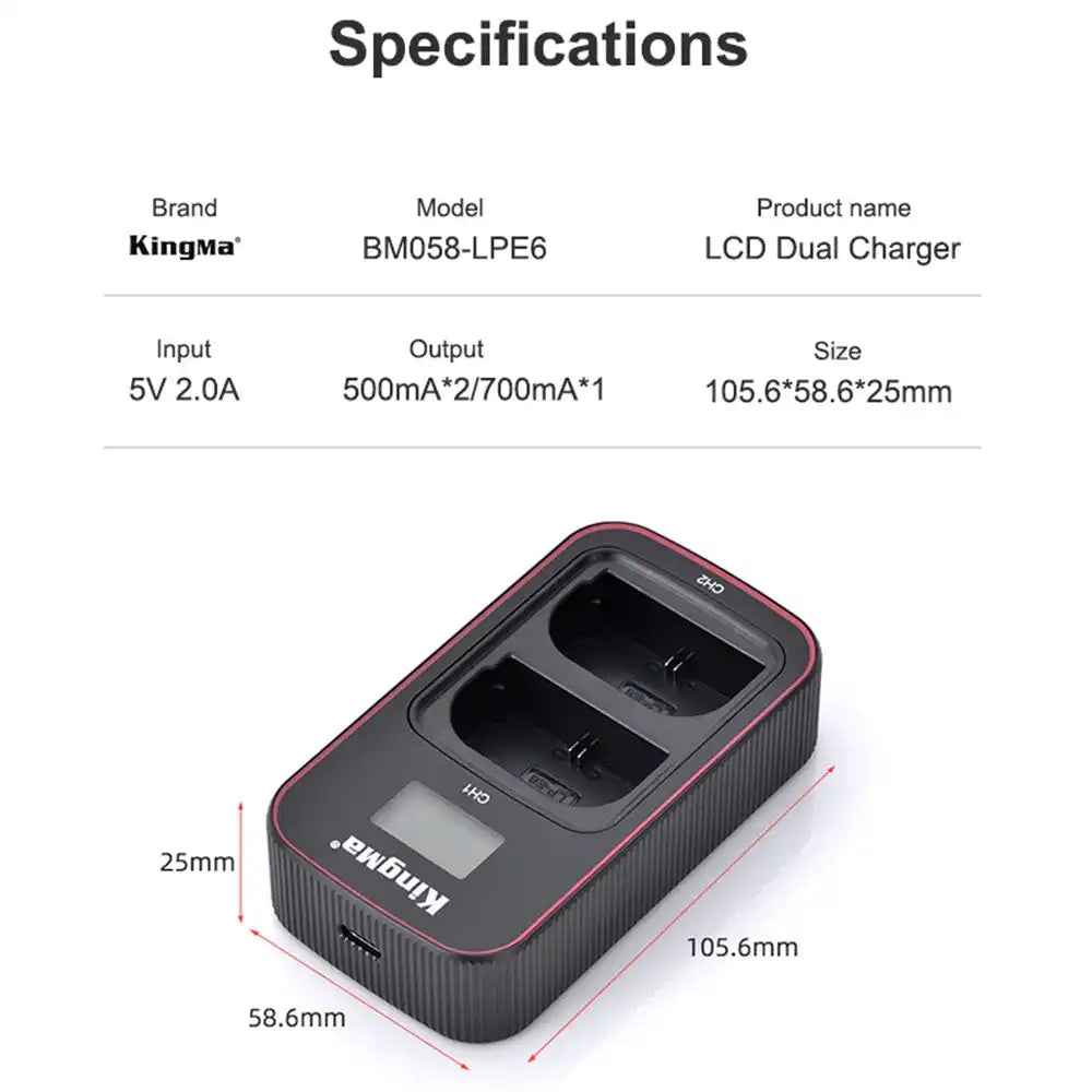 KingMa LP-E6 & LP-E6NH Charger | Canon | Dual Slot | LCD - 5