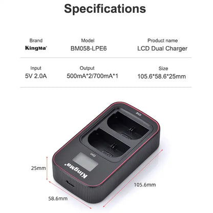 KingMa LP-E6 & LP-E6NH Charger | Canon | Dual Slot | LCD - 5