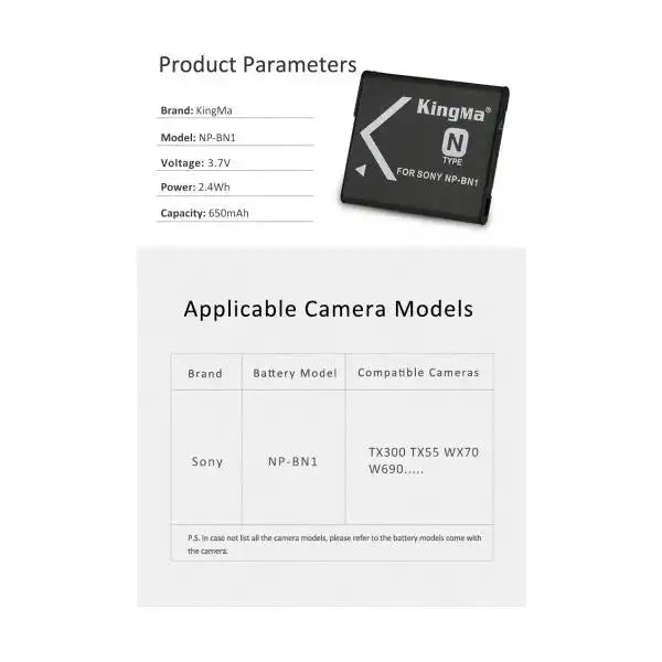KingMa NP-BN1 | Sony | 650mAh | Replacement Battery - 4
