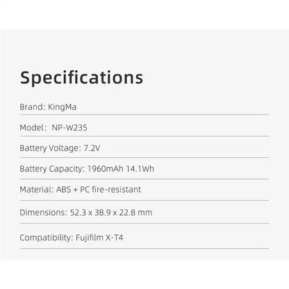 KingMa NP-W235 | Fujifilm | 1960mAh | Replacement Battery - 7