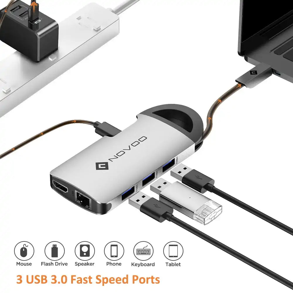 NOVOO 8 Ports USB Hub | 4K HDMI PD 100W Ethernet SD Slot High-Speed Adapter - 5
