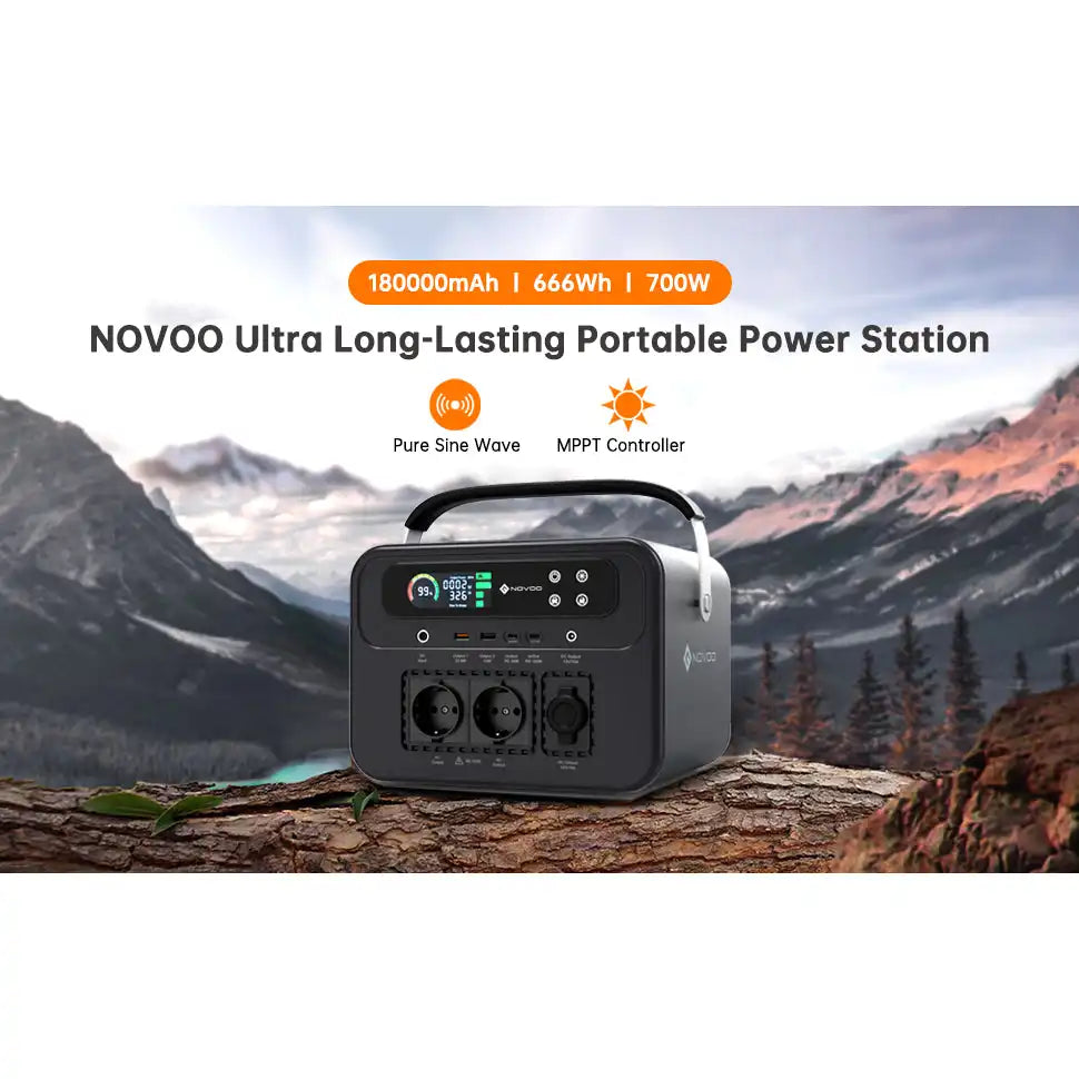 NOVOO Portable 700W AC Power Station | 666Wh/180000mAh Capacity | Dual AC Outlets | 100W PD Type-C